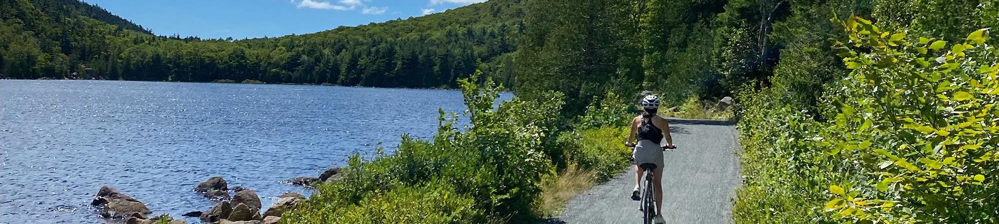 Woman riding her bike on the carriage roads adjacent to a pond.