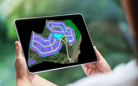 An aerial topographic depiction of a model-based design of a planned community.