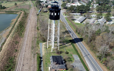 An aerial image of a section of rail in Cape Charles, Virginia, that will be converted to trail.