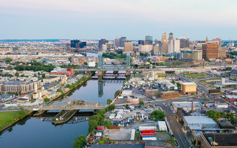 Newark skyline at dusk.