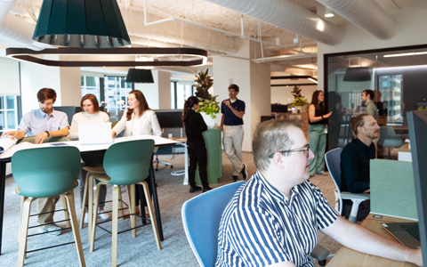 People working and collaborating in office area.