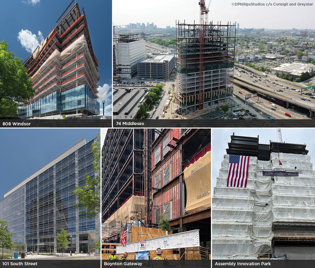 Collage of industrial buildings in the city of Somerville.