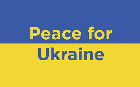 Blue and yellow Ukrainian flag with the words Peace for Ukraine