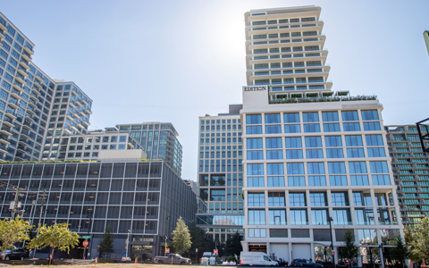 Tall office buildings in an urban setting with trees.