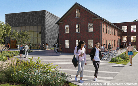 Rendering of the completed Wesleyan Arts Lab with students walking and socializing around the building.