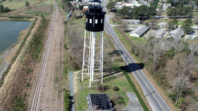 An aerial image of a section of rail in Cape Charles, Virginia, that will be converted to trail.