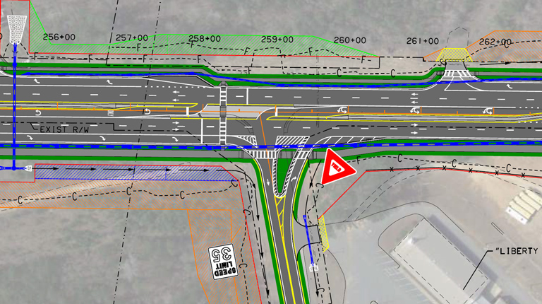 A color diagram of a highway with road markings.