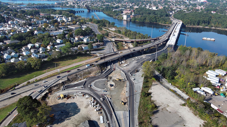 An overhead view of the new and old Henderson Bridges and construction work on the bridge approach.