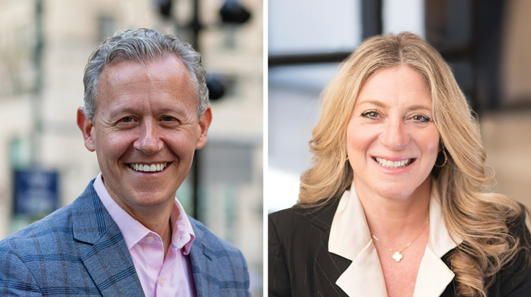 Headshots of a man and woman smiling.