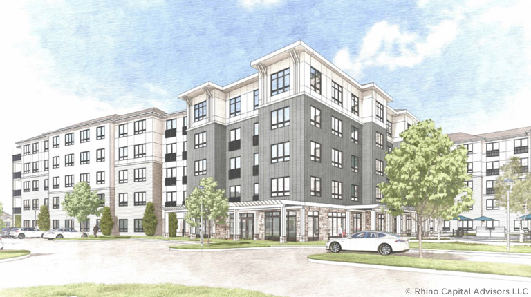 Architectural rendering of a modern multi-story apartment building with landscaped surroundings and parked cars.