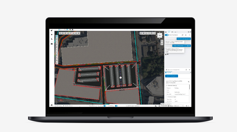 Screenshot of Opensite+ with a site plan and Copilot design assistant with text related to parking spaces.  