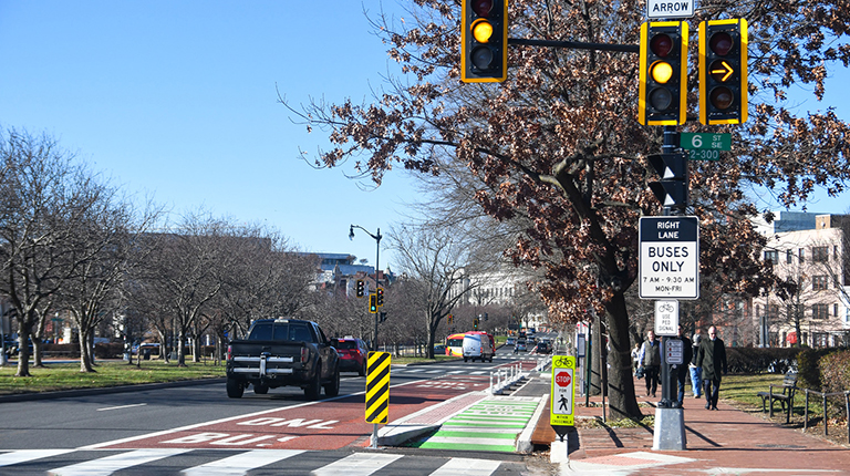 The dedicated bike and bus lanes on Pennsylvania Avenue SE.