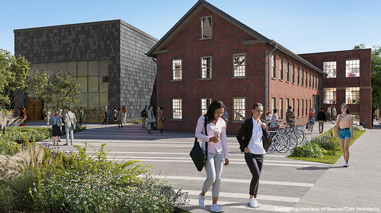 Rendering of the completed Wesleyan Arts Lab with students walking and socializing around the building.