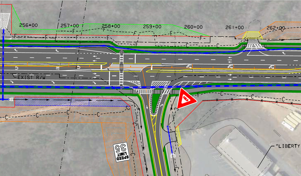 A color diagram of a highway with road markings.