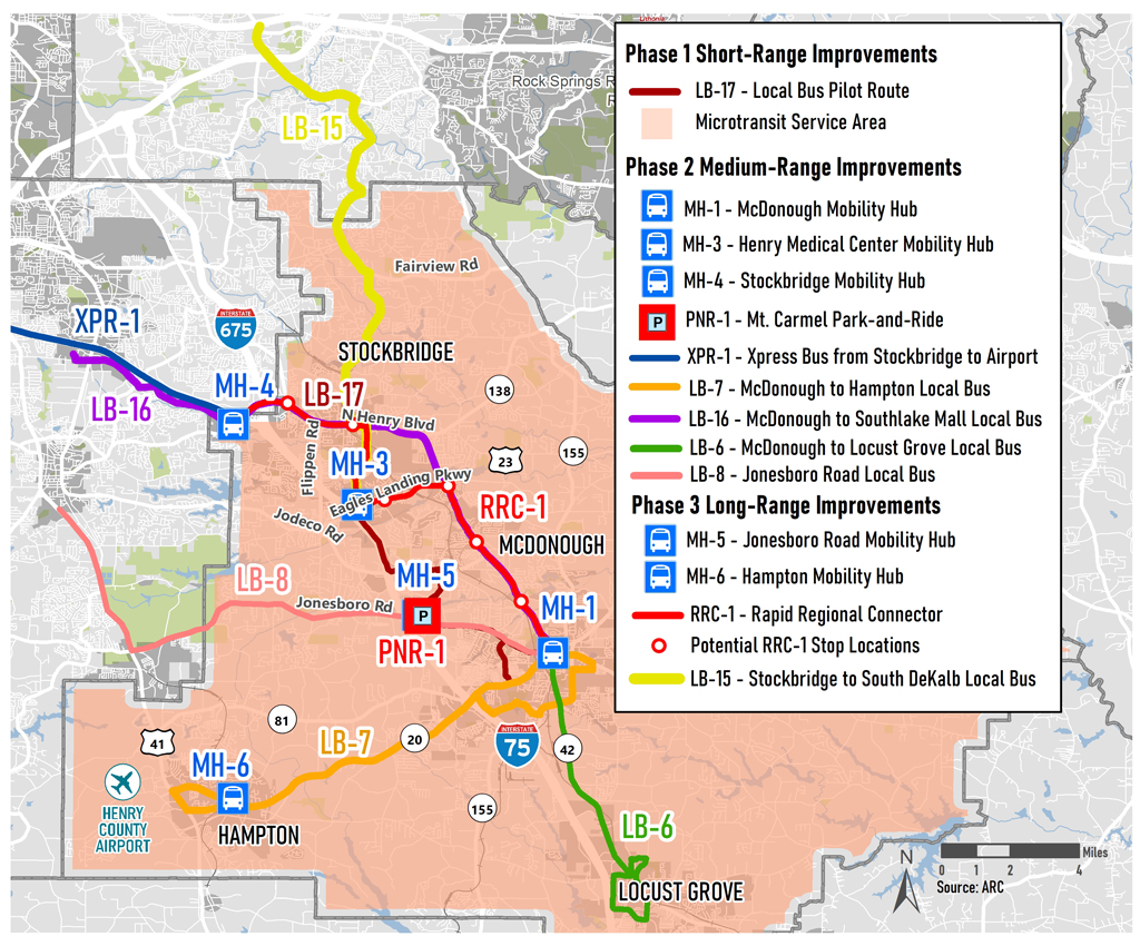 A color map of Henry County, Georgia, showing possible new bus routes and service areas