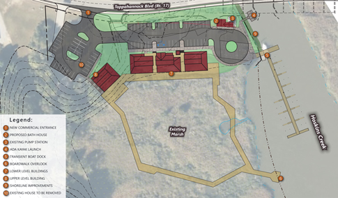 Aerial rendering of the full park master plan, showcasing the building, parking lot, and boardwalk layout.