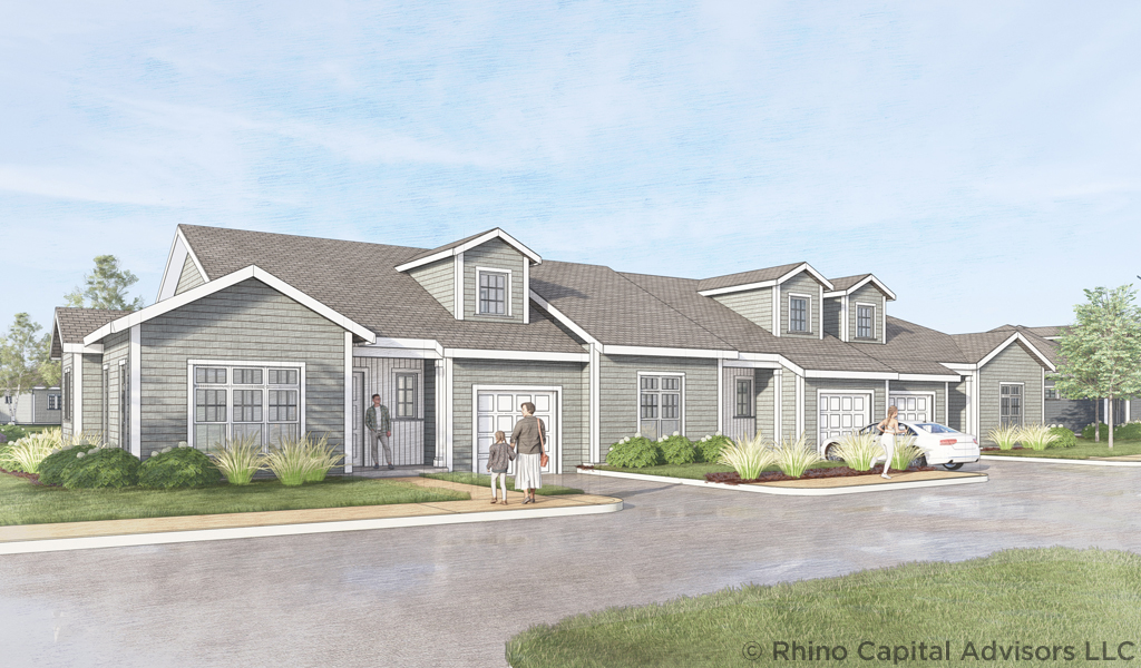 Illustration of a single-story residential complex with multiple units, featuring gray siding and shingled roofs.