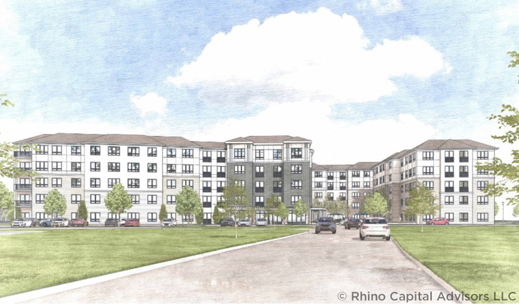 Architectural rendering of a large multi-story residential complex with parked cars and landscaped grounds under a cloudy sky.