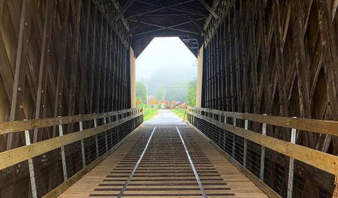 Interior photo of a covered rail bridge