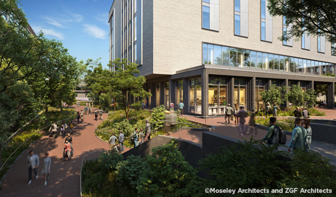 A promenade on campus showing connection between the new science building and adjacent buildings.