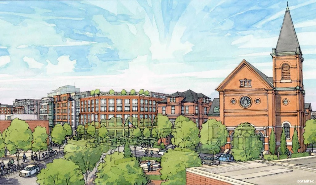 Bunker Hill Redevelopment artist rendering of retail and residential.