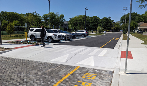 Permeable pavers and raised crosswalks on the 48th Street improvements. 