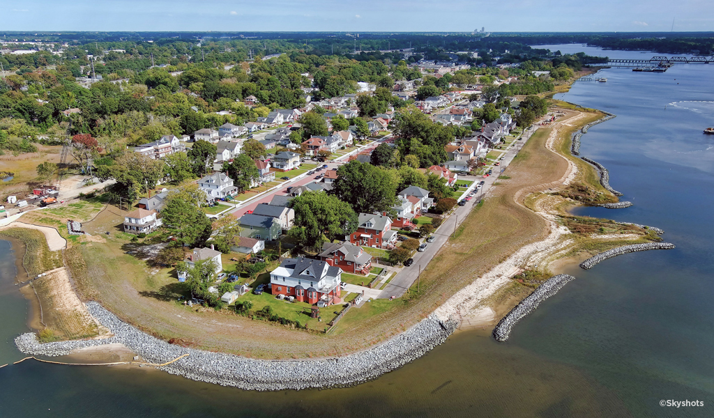 Aerial view along the coastline that shows the shoreline stabilization and restoration. 