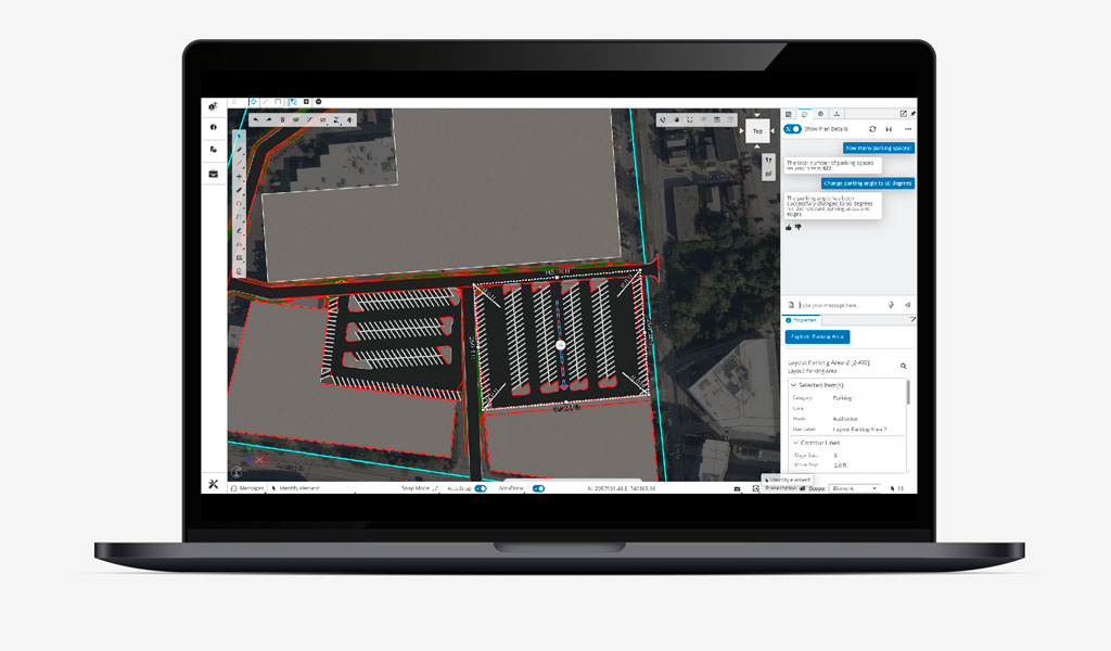 Screenshot of Opensite+ with a site plan and Copilot design assistant with text related to parking spaces.  