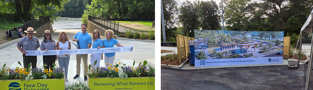 Collage of People standing behind a sign at a park ribbon cutting and A colorful sign of new park additions forthcoming.