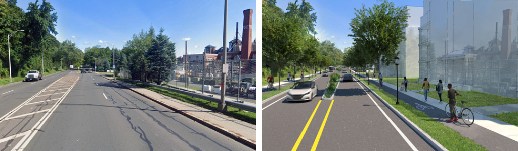 Collage of The MLK corridor in Norwalk and A rendering of the MLK corridor.