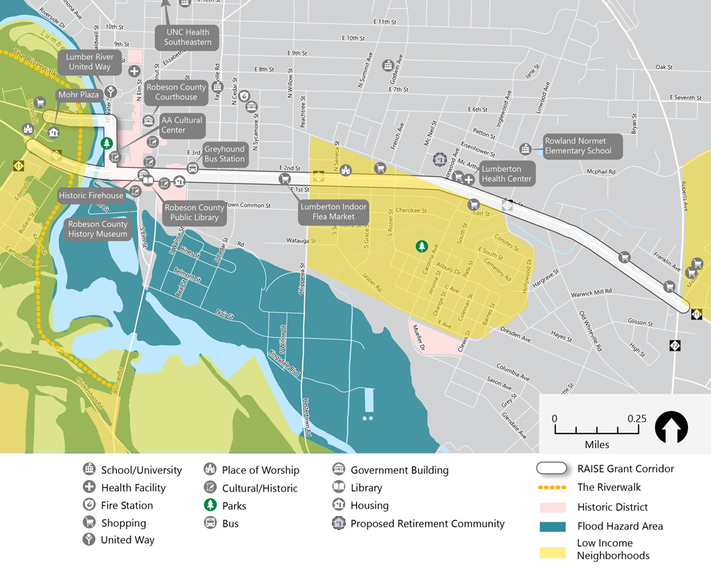 Points of interest and resources available that this project aims to connect to historically disadvantaged communities.  