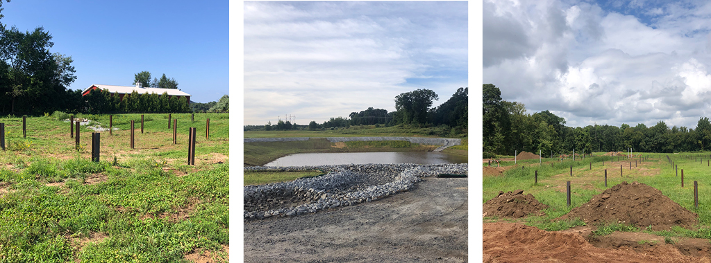 Collage of Grassy farmland with wooden stakes, Open pit with gravel and water and Tree lined field with dirt mounds.