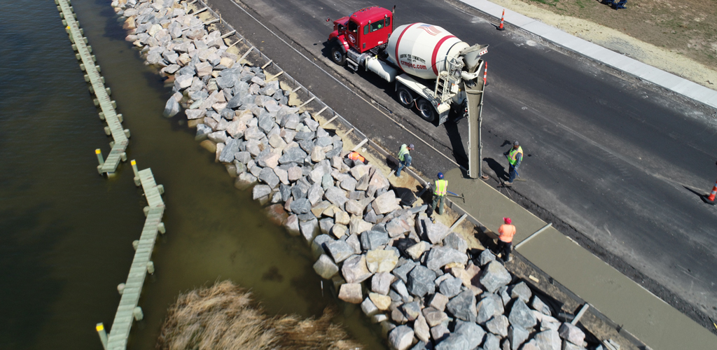 The riprap revetment and Spartina Alterniflora Marsh of the living shoreline during construction.