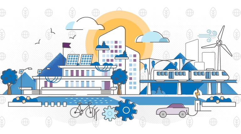 Illustration containing a variety of transportation modes including passenger rail, streets, highways and bikes as well as electric vehicle charging stations, solar energy panels affixed to urban buildings and wind turbines that power our nation.