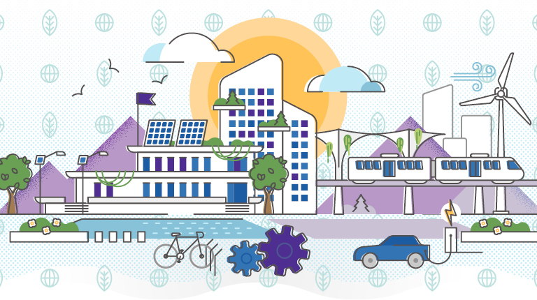 Illustration containing a variety of transportation modes including passenger rail, streets, highways and bikes as well as electric vehicle charging stations, solar energy panels affixed to urban buildings and wind turbines that power our nation.