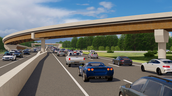 A rendering of automobiles traveling under a busy roadway overpass