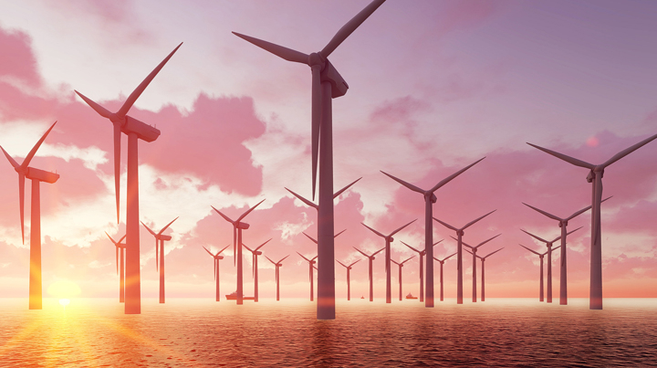 A sea of wind turbines at sunset