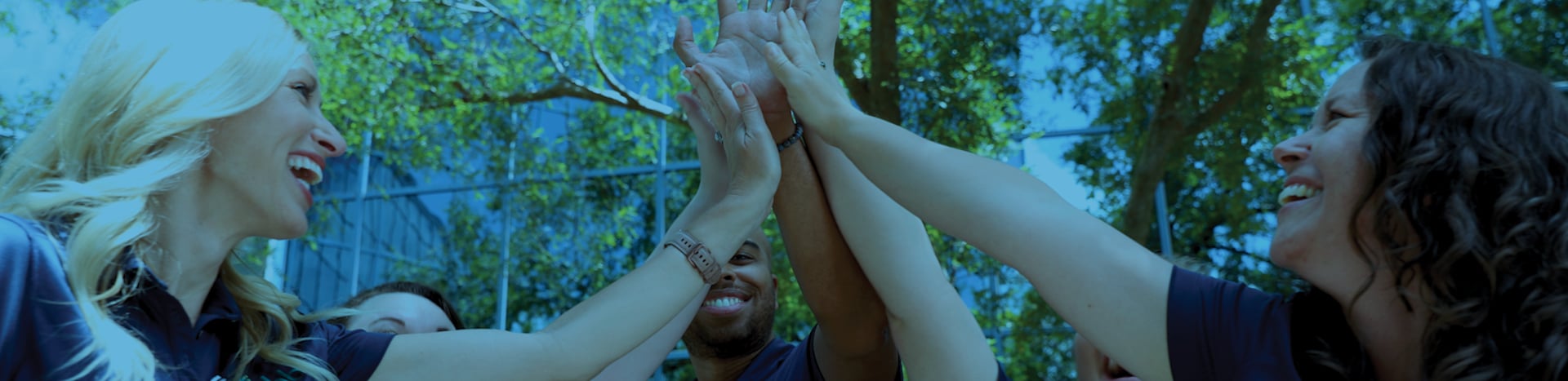 Enthusiastic employees high-fiving in a group