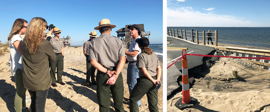 Collage of people having a discussion and a section of parking lot on the seashore edge.