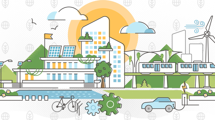 Illustration of a city and various forms of transportation including roads, bike paths, trains and energy sources including solar, wind and EV charging stations