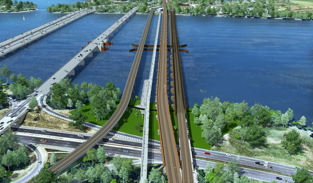 Aerial view of a 3D model showing Long Bridge between northern Virginia and DC.