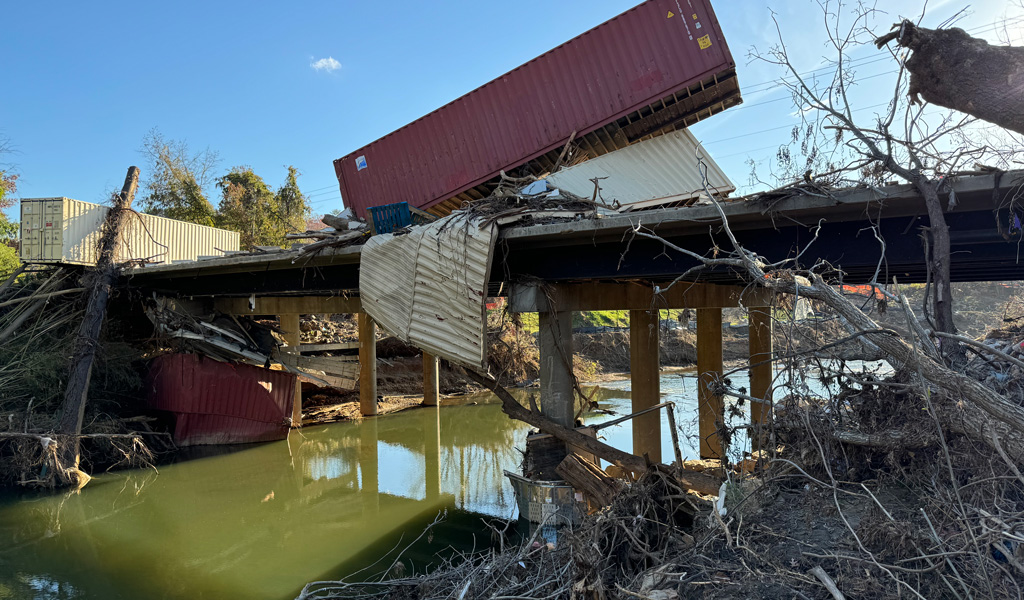 A North Carolina bridge in disrepair following a hurricane. 